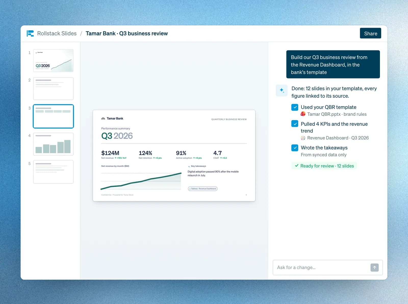 Rollstack Slides with a Q3 business review built in a company's own template